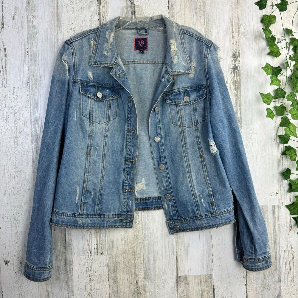 BoomBoom, Large,Blue Denim, distressed  Jean Jacket Button Close Light Wash